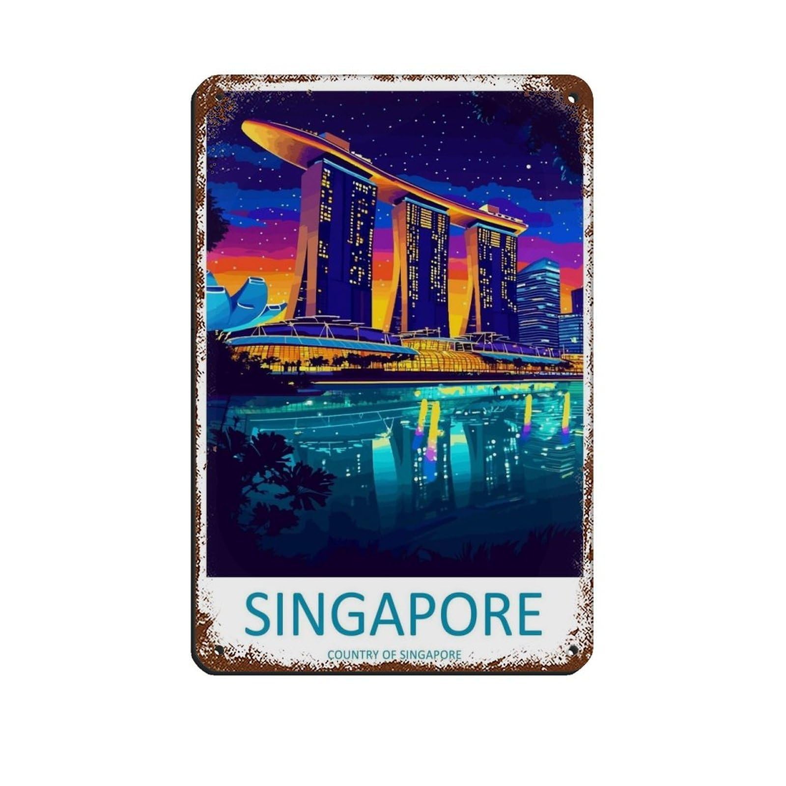 Singapore Travel Poster Cityscape Marina Tin Sign Vintage Metal Pub Club Cafe Bar Home Wall Art Decoration Poster Retro 8x12inch(20x30cm)
