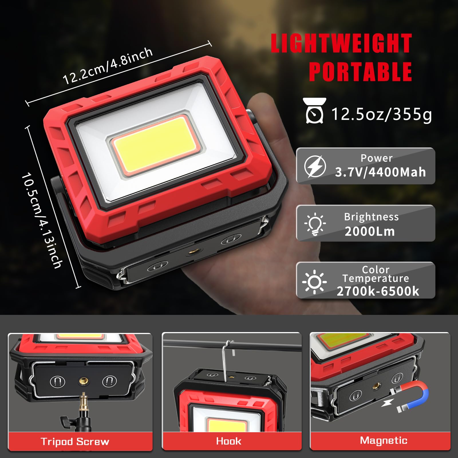 Lampe LED de travail, 2000 lumens, super lumineuse, inspection batterie, pied magnétique rotation 360°, garage atelier (1 Pièce)