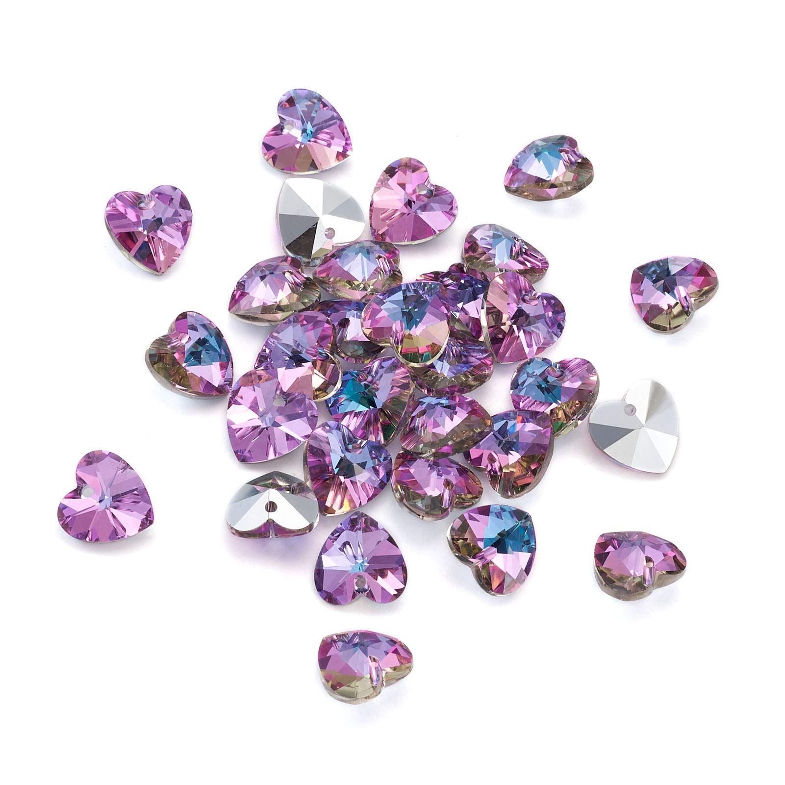 Beadthoven 30pcs Faceted Heart Glass Charms Love Heart Top Drill Crystal Hanging Pendants Amethyst Gradient with Silver Back for Choker Valentine's Day Jewelry Making