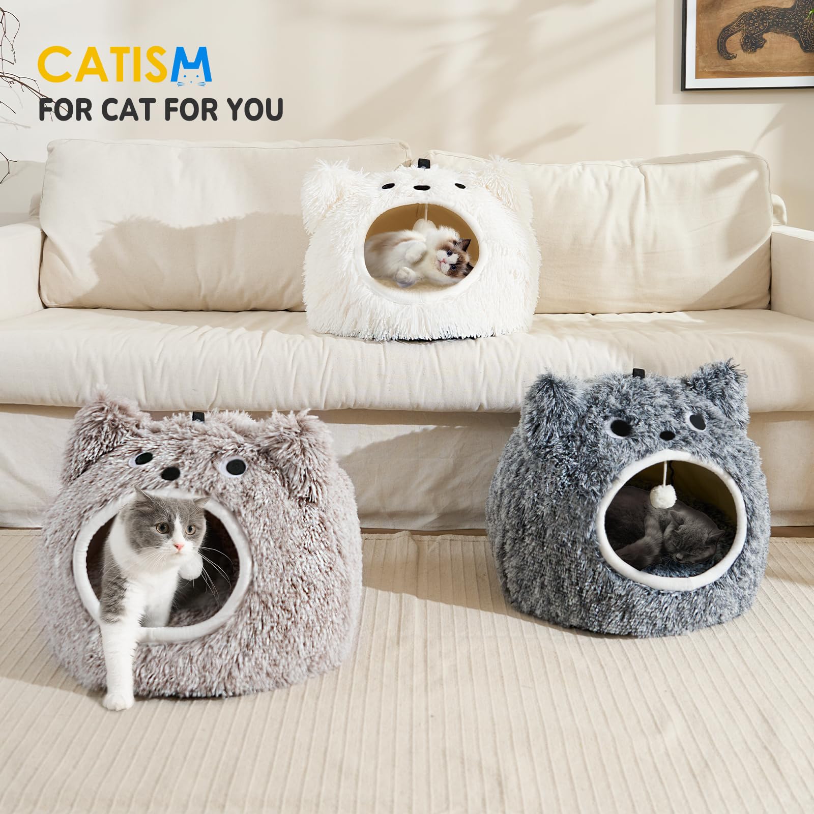 CATISM Cama Cueva para Gatos - Lugar de Descanso Lavable para Gatos Almohada de Felpa para Mascotas Casa Cojín Mullido para Gatitos Cachorros Cama Acogedora Cama para Mascotas