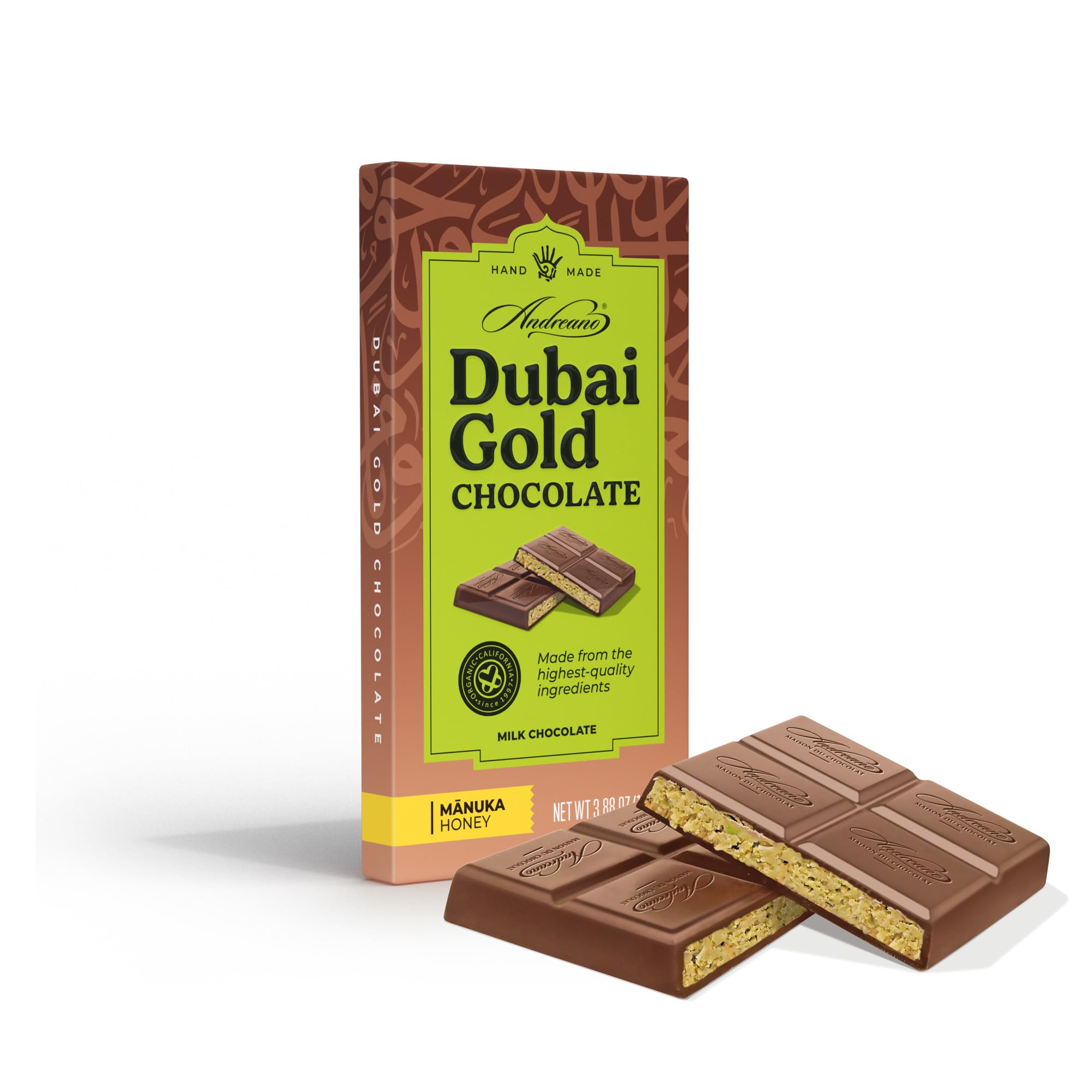 Andreano Dubai Chocolate Bar - Milk Chocolate - Luxury Kunafa Pistachio Artisan Treat | Gourmet Kataifi Dessert with Belgian Chocolate, Pistachios &