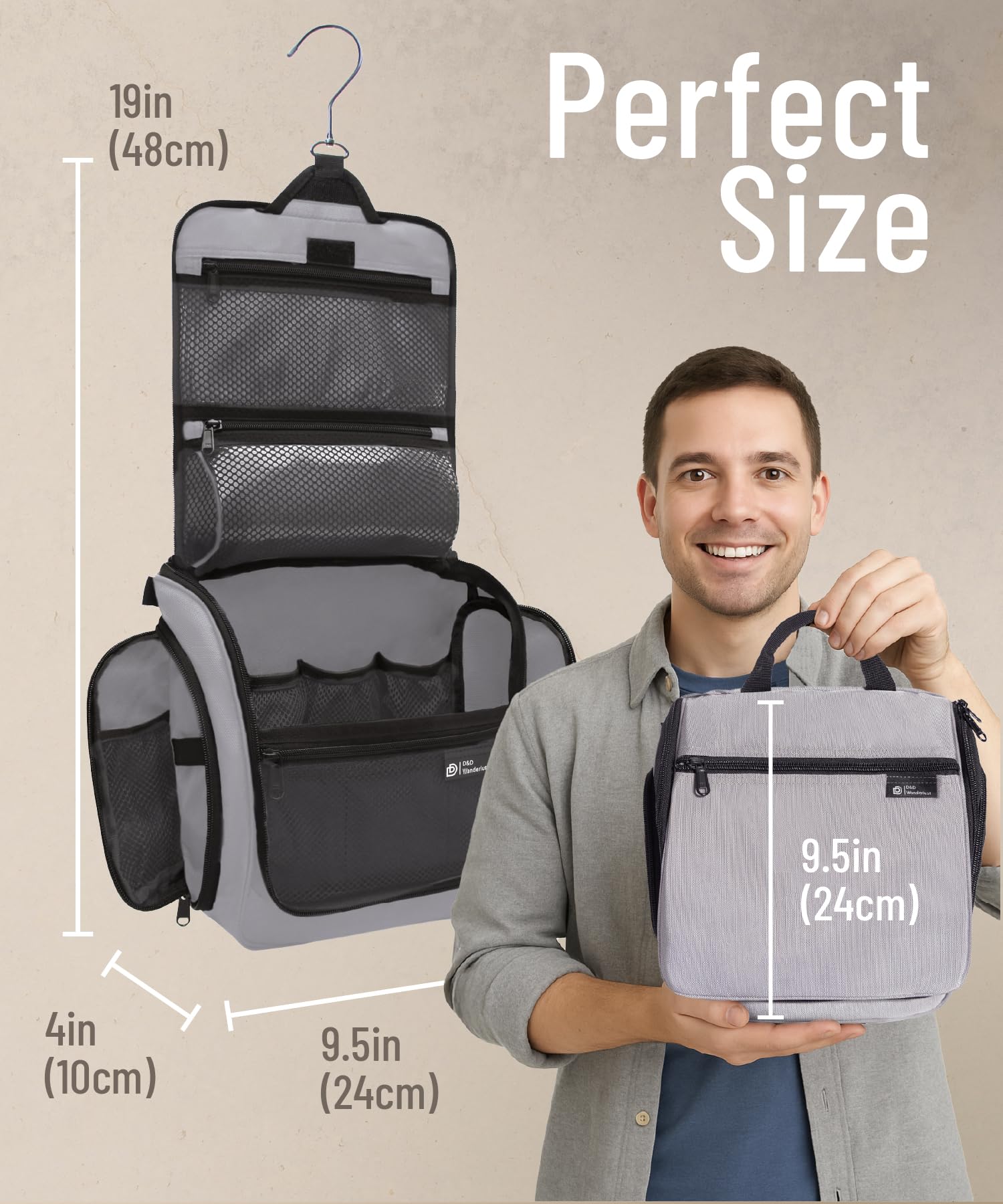 D&D Kulturbeutel zum Aufhängen für Damen und Herren - Kosmetik-, Make-up- und Toilettenartikel-Organizer-Set mit 10 Fächern, Reißverschlüssen, XXL-Metall-Drehhaken, wasserabweisendes Nylon