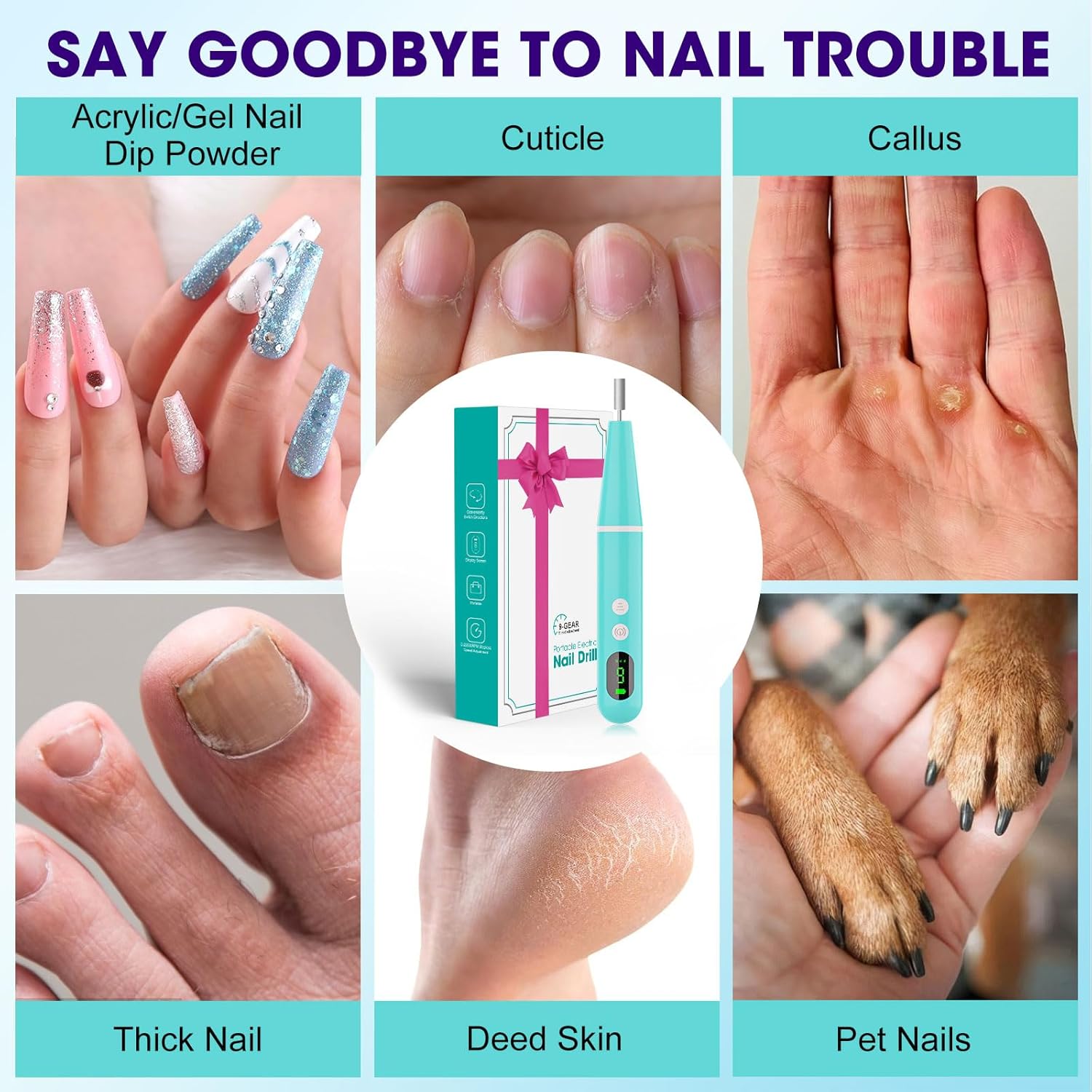 Cordless Nail Drill, Super Lightweight Electric Nail File, Low Noise Electric Nail Drill with 9 Speed & LCD Display, Toenail Grinder for Thick Nail Toenail Cuticle Human Women Baby Pets