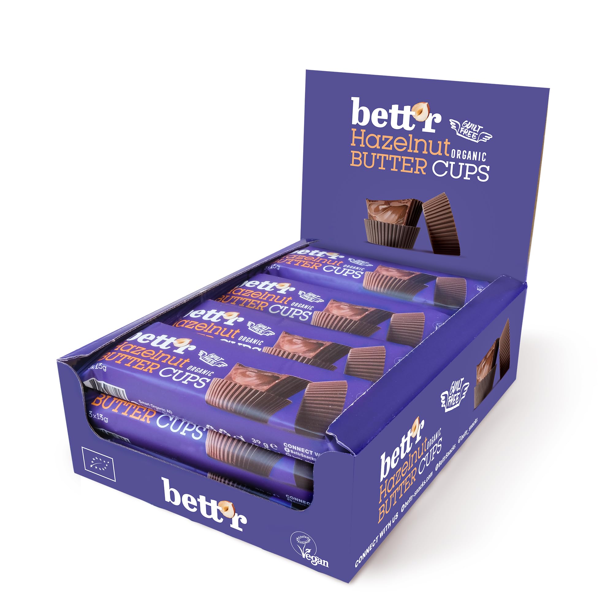 Bett’r GUILT FREE Bio Hazelnut butter cups. 100% Vegan, Gluten free and Lactose free - 12 x 39 g