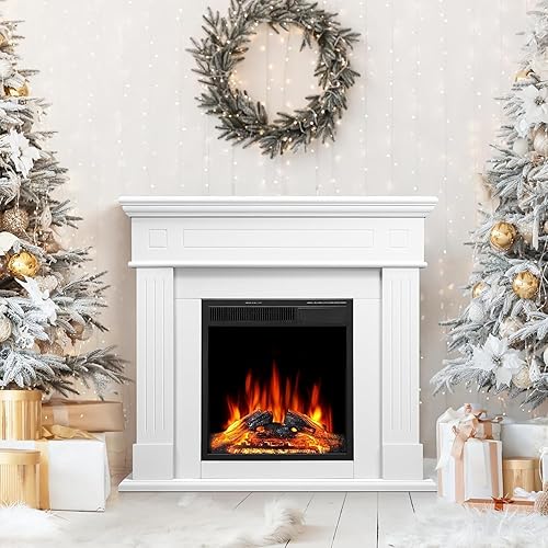 Soporte de TV con chimenea de 43 pulgadas con repisa, calentador de chimenea eléctrico, centro de entretenimiento de madera, llama LED ajustable,