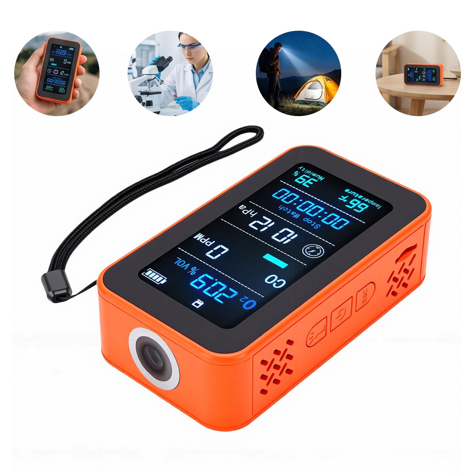 Tosuny Detector Portátil de Calidad del Aire, Monitor de Oxígeno, Medidor de Humedad, Temperatura y Presión del Aire con Linterna, Cronómetro, Mini Sensor para Viajes, Camping, Habitación de Hotel