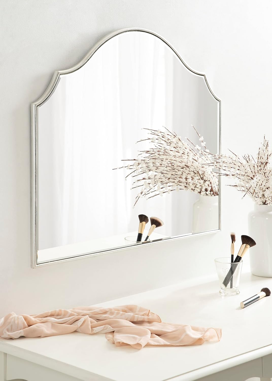 Kate and Laurel Leanna Glam Wide Horizontal Arch Wall Mirror; 28 x 32; Silver; Sophisticated Arched Bathroom Vanity Mirror with Soft Scallops and Slim Frame image 3