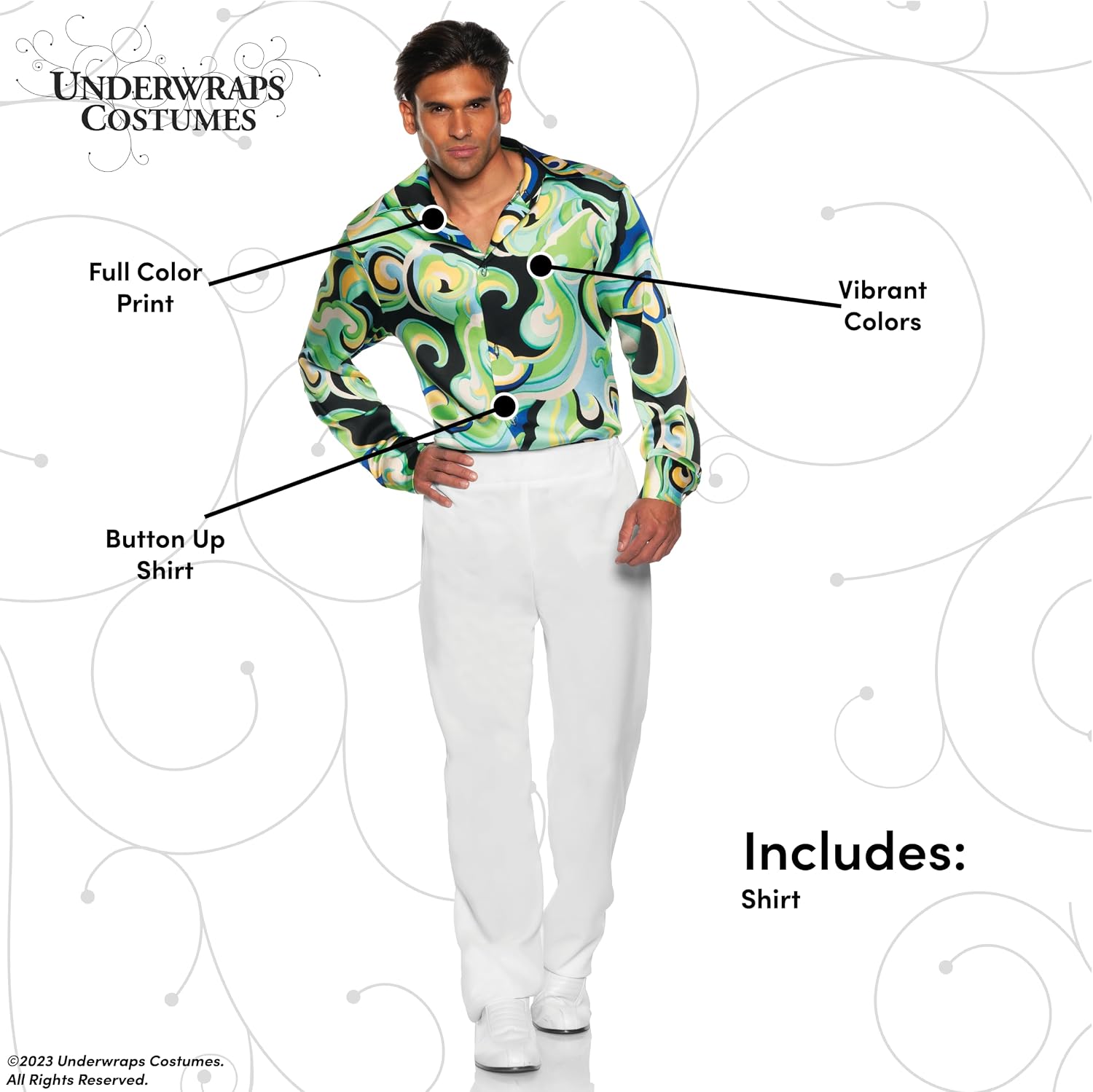 UNDERWRAPS 70s Disco Shirt Men - Green Swirl 70s Outfits for Men, Retro Costume Shirts for Theme Parties, Halloween Costumes (Green Disco, One Size 42-44)