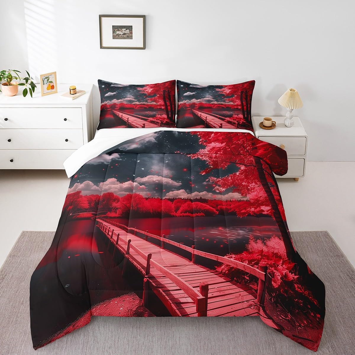 Natural Scenery Kids Bedding Sets Red Trees Bridge Lake Cabin Decor Comforter Set for Boys GirlsCloud Starry Galaxy Night Sky Quilt Soft Duvet Insert,1 Pillowcase Toddler Size