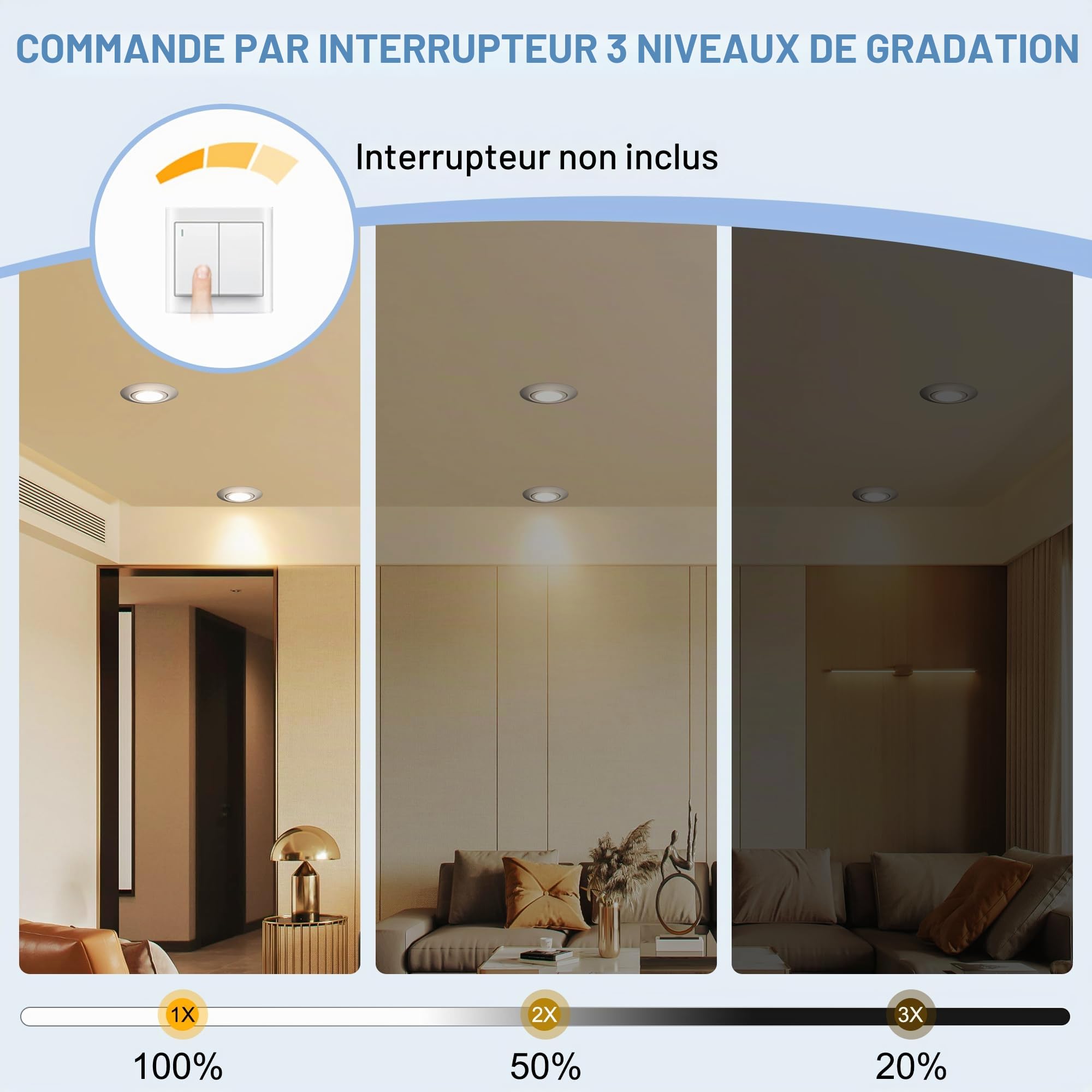 Spot LED Encastrable Dimmable 220V, 5.5W 600LM IP44 Spots LED Encastrable Extra Plat 68mm, 45° Orientable Spots de Plafond 2700K Blanc Chaud Spot Salle de Bain, Nickel Brossé Lot de 6