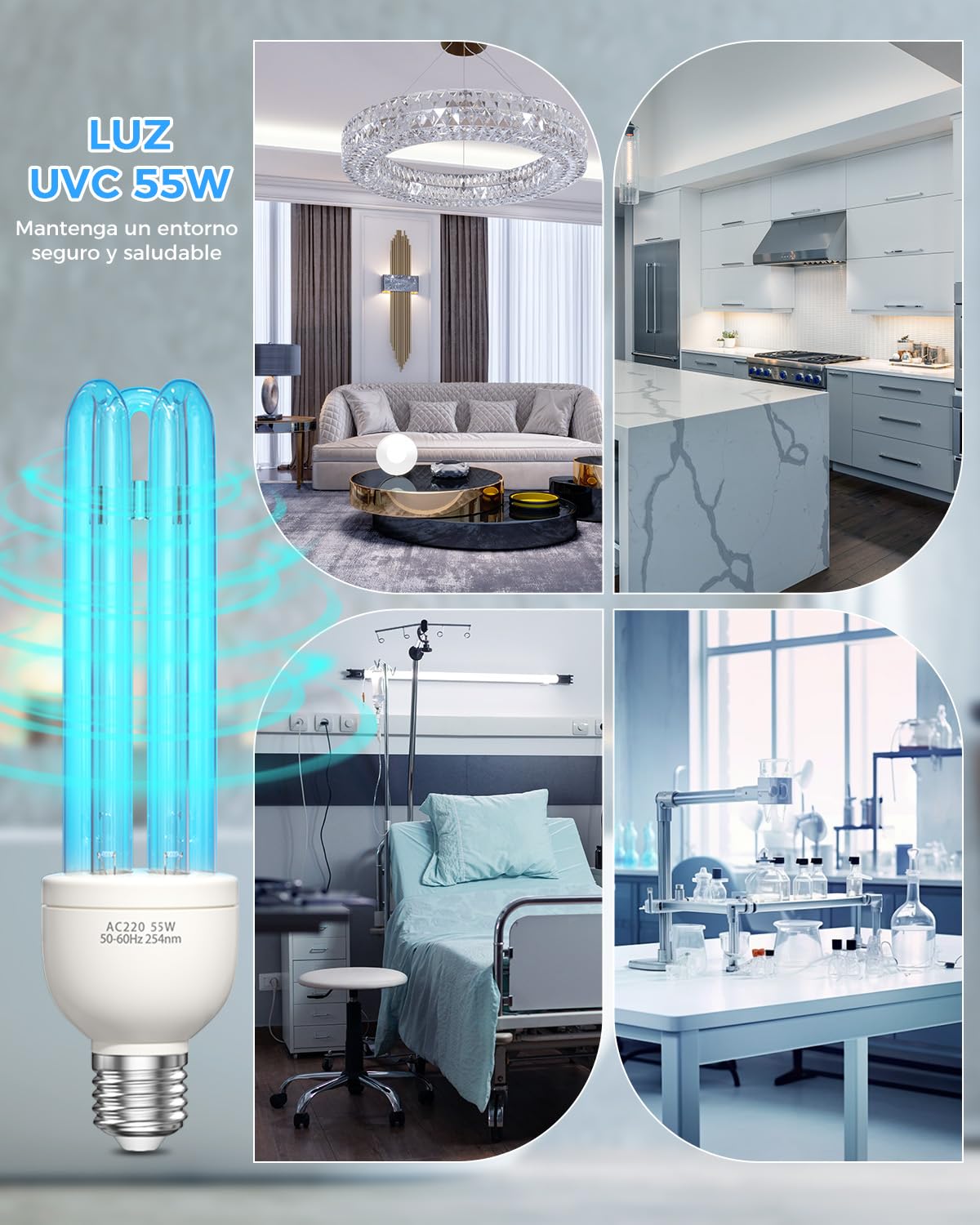 Lampara UV Desinfeccion Lampara UVC Ozono UV Light 55W E27 Blu-Ray con Tubo de Cuarzo UV Germicida Esterilizador AC 220-240V para Hogar, Escuela, Oficina Aire Fresco, UVC 254nm +O₃(1 Unidad)