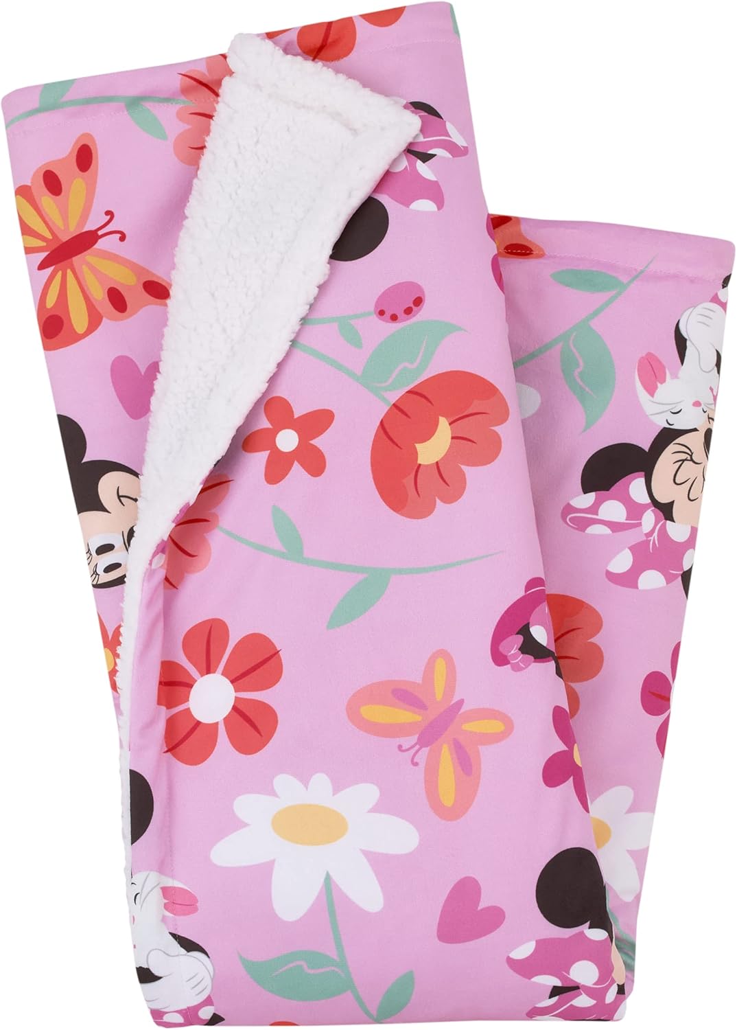 NoJo Disney Minnie Mouse Springtime Flowers Pink Orange, Green, and White Super Soft Sherpa Baby Blanket