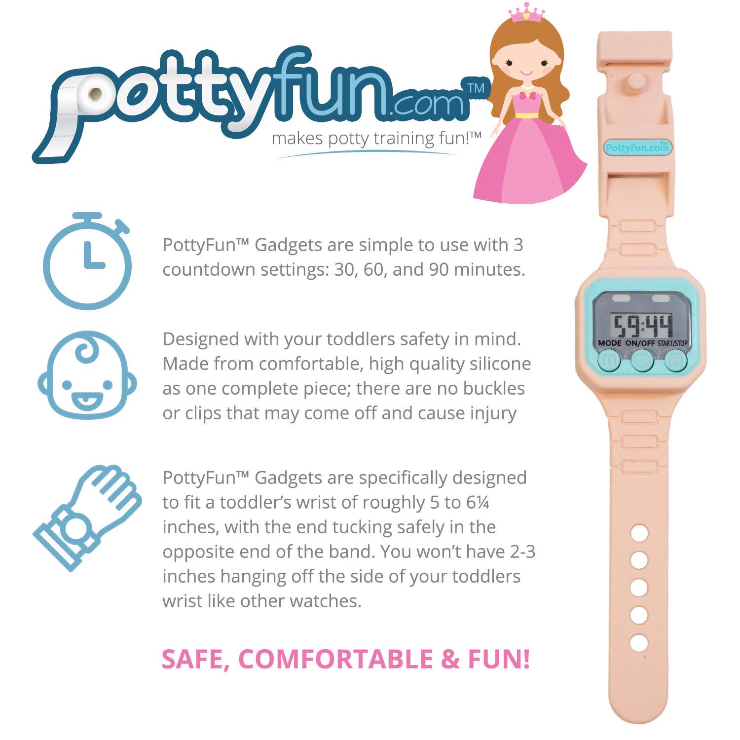 Potty Fun Potty Training Watch Countdown Timer to Remind Your Toddler to Go Potty with a Fun Audio/Music Theme - Fits Wrists of 5 to 6.25 inches - Princess Potty Theme