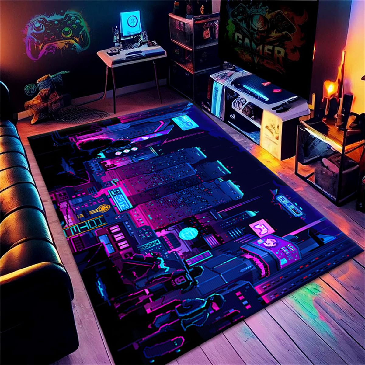 Tapis Gamer, Tapis De Sol Moderne Tech Style, Tapis Visual Fun Gaming Rugs Tapis Teen Play Mat Tapis Antidérapant pour Salon Chambre Salle De Jeux Tapis De Sol (Colour 2,120x160cm)