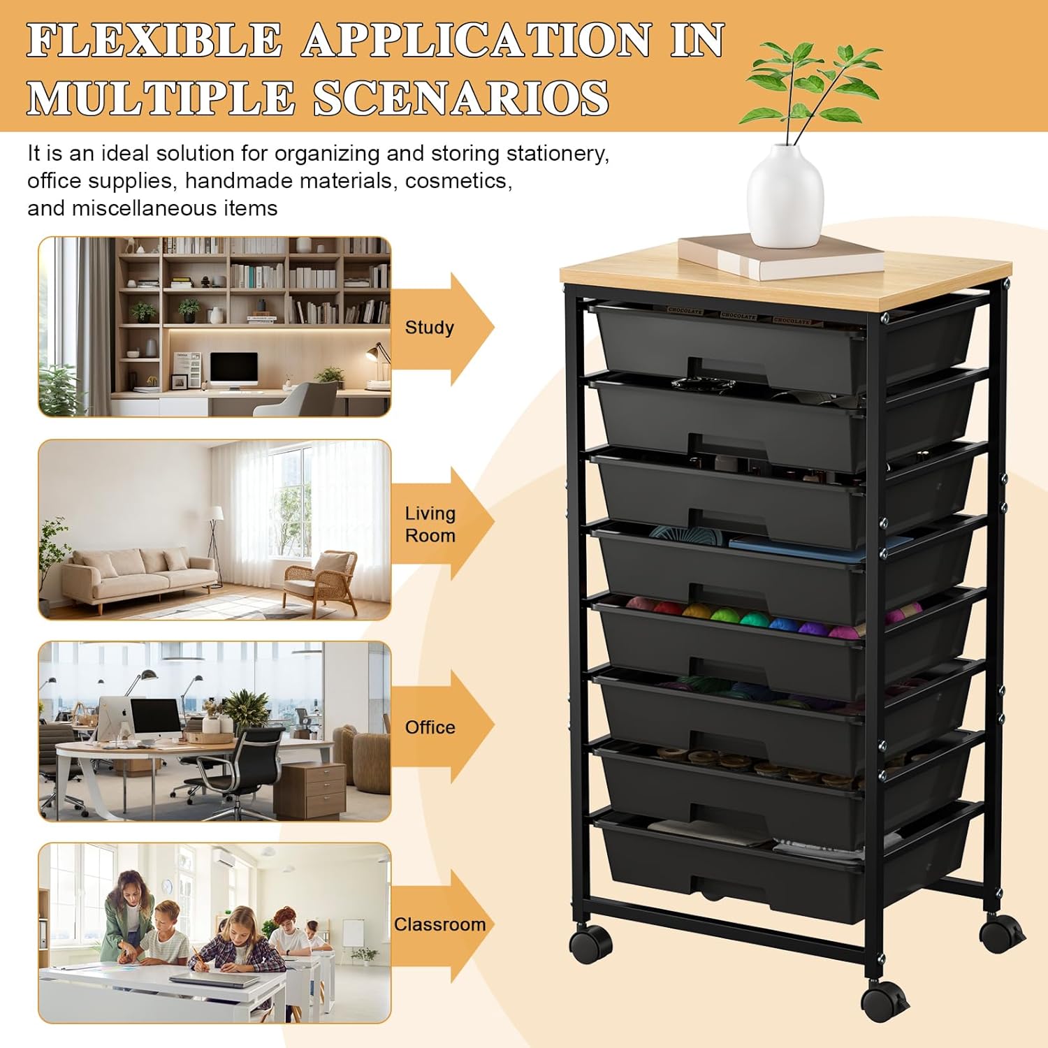 Rolling Storage Cart with 8 Drawers & Lockable Casters & Wooden Tabletop, Mobile Utility Organizer Cart Multi Drawer Storage Cabinet Steel Frame Craft Organizer for Home Office Classroom (Black)