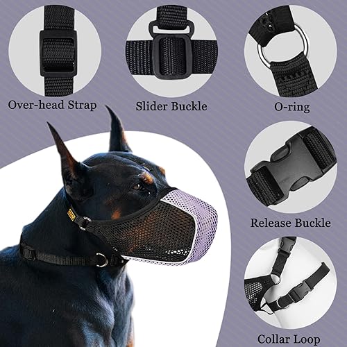 Miniatura 2 de Mayerzon Bozal para perro, bozal suave de malla para perros grandes, medianos y pequeños, para carro, aseo y morder, bozal reflectante y