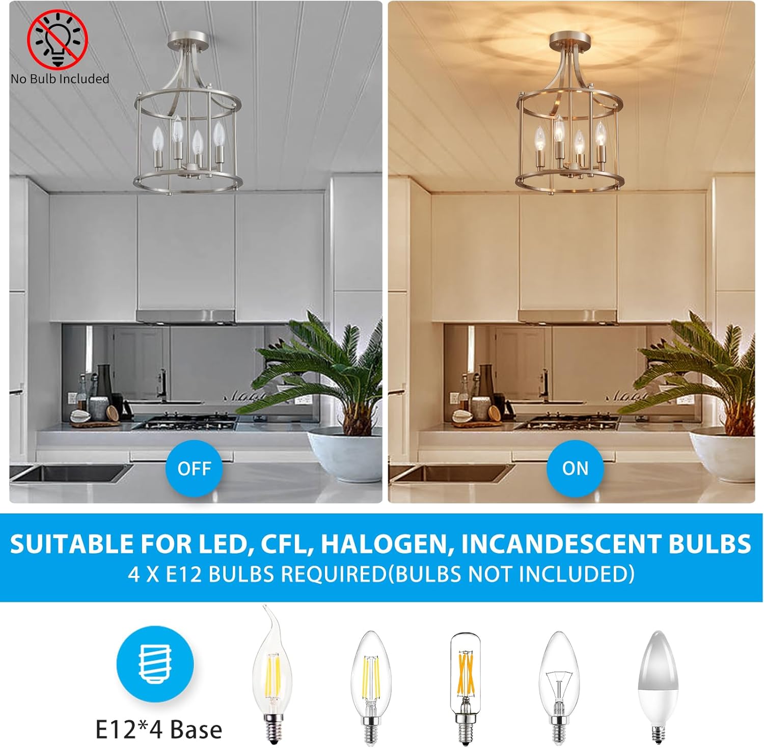 XINGQI Brushed Nickel Semi Flush Mount Ceiling Light Fixture Modern 4 Light Round Small Mini Chandelier Cage Ceiling Lights for Entryway Foyer Hallway 12" Geometric Dining Room Chandelier