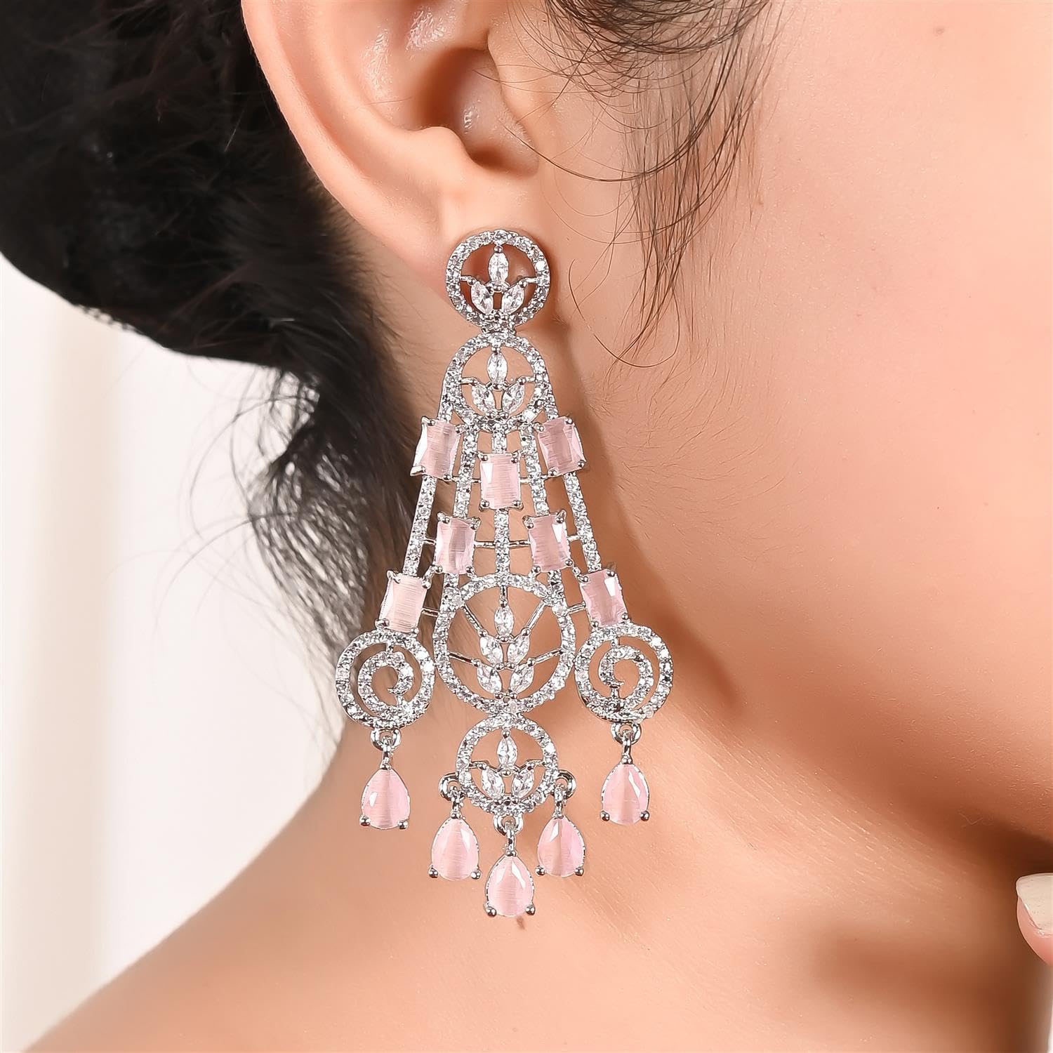 Ratnavali Jewels Silver Plated Cubic Zirconia Dangle Drop Chandelier Earrings For Women Statement Jewelry Wedding Brides