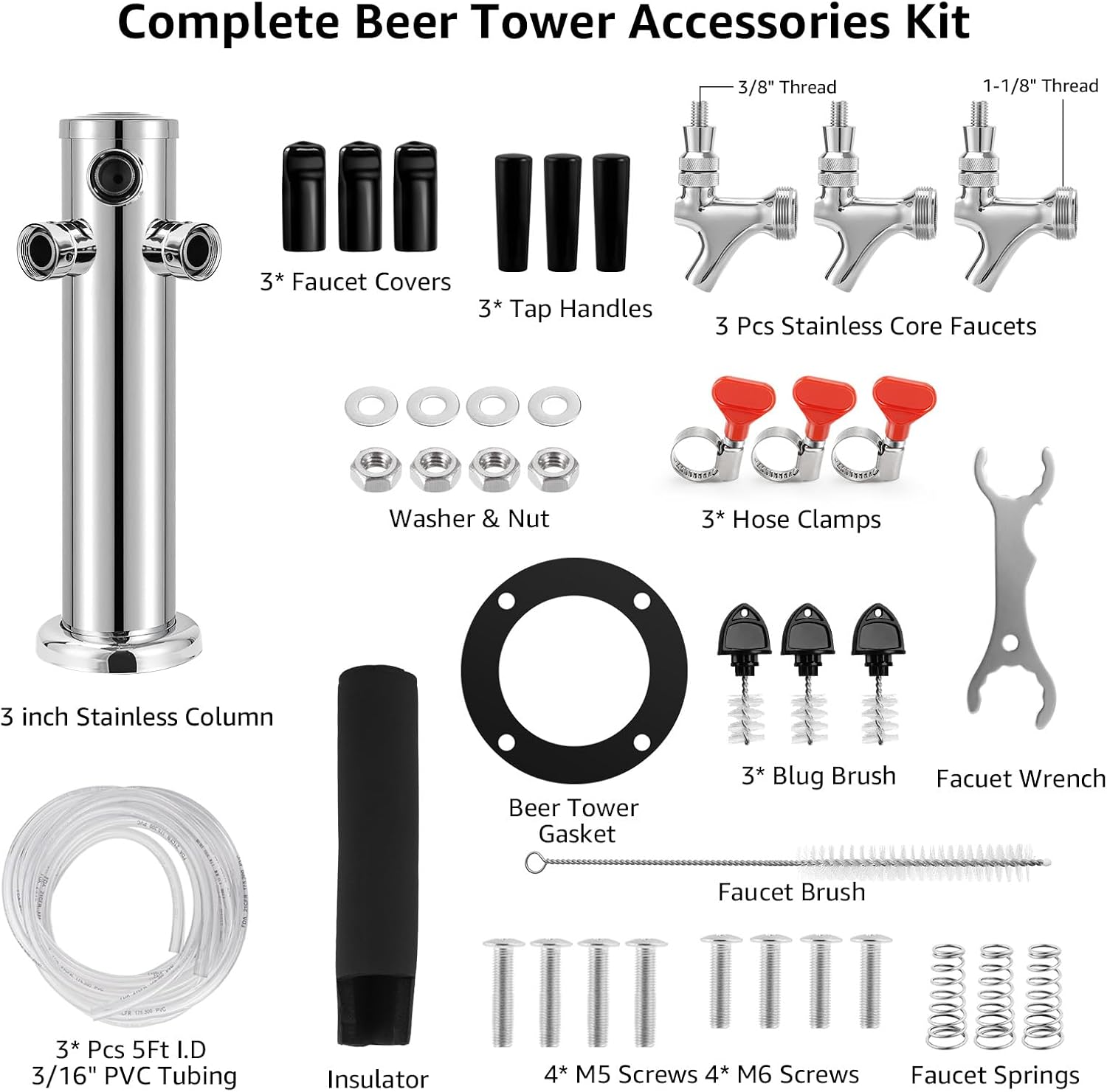 MRbrew 3 Tap Draft Beer Tower, SS 3'' Kegerator Tower & Stainless Core Self-Closing Faucet Pre-assembled Keg Tower Support Countertop and Kegerator Installation for Home, Bar, Party Beer Dispenser