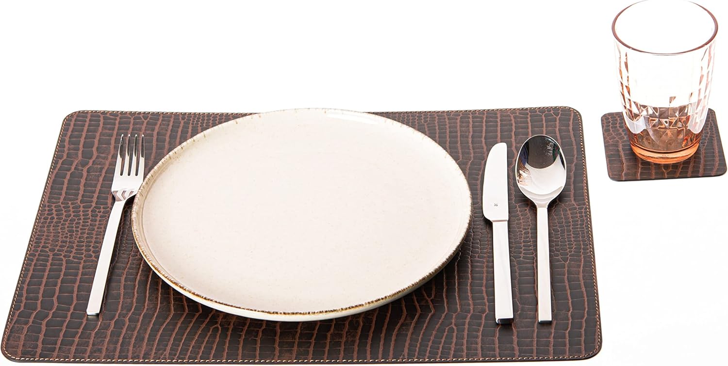 Nikalaz Set of 4 Placemats and 4 Coasters Made of Recycled Leather (18''x13'', Crocodile Embossing)