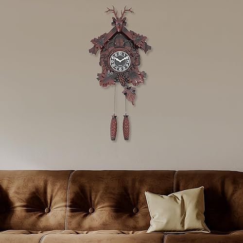 Miniatura 2 de Reloj de pared retro con cabeza de ciervo tradicional, reloj de casa de bosque negro con péndulo y función de timbre, reloj de cuco decorativo para