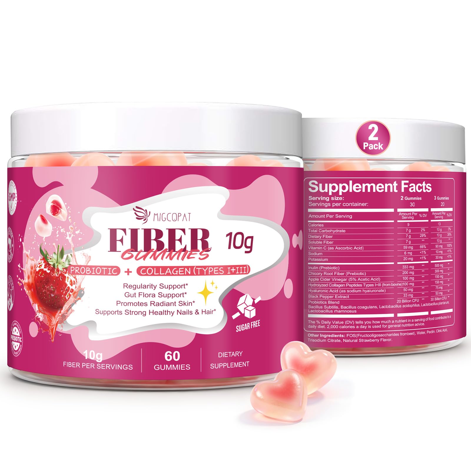 Migcopat 10G Fiber Gummies with Collagen Peptides, Hyaluronic Acid, Vitamin C, ACV, 30 Billion CFU Probiotics – Sugar Free Collagen Gummy for Skin, Hair & Nails – Digestive Health Support – 60 Cts — Amazon image 10