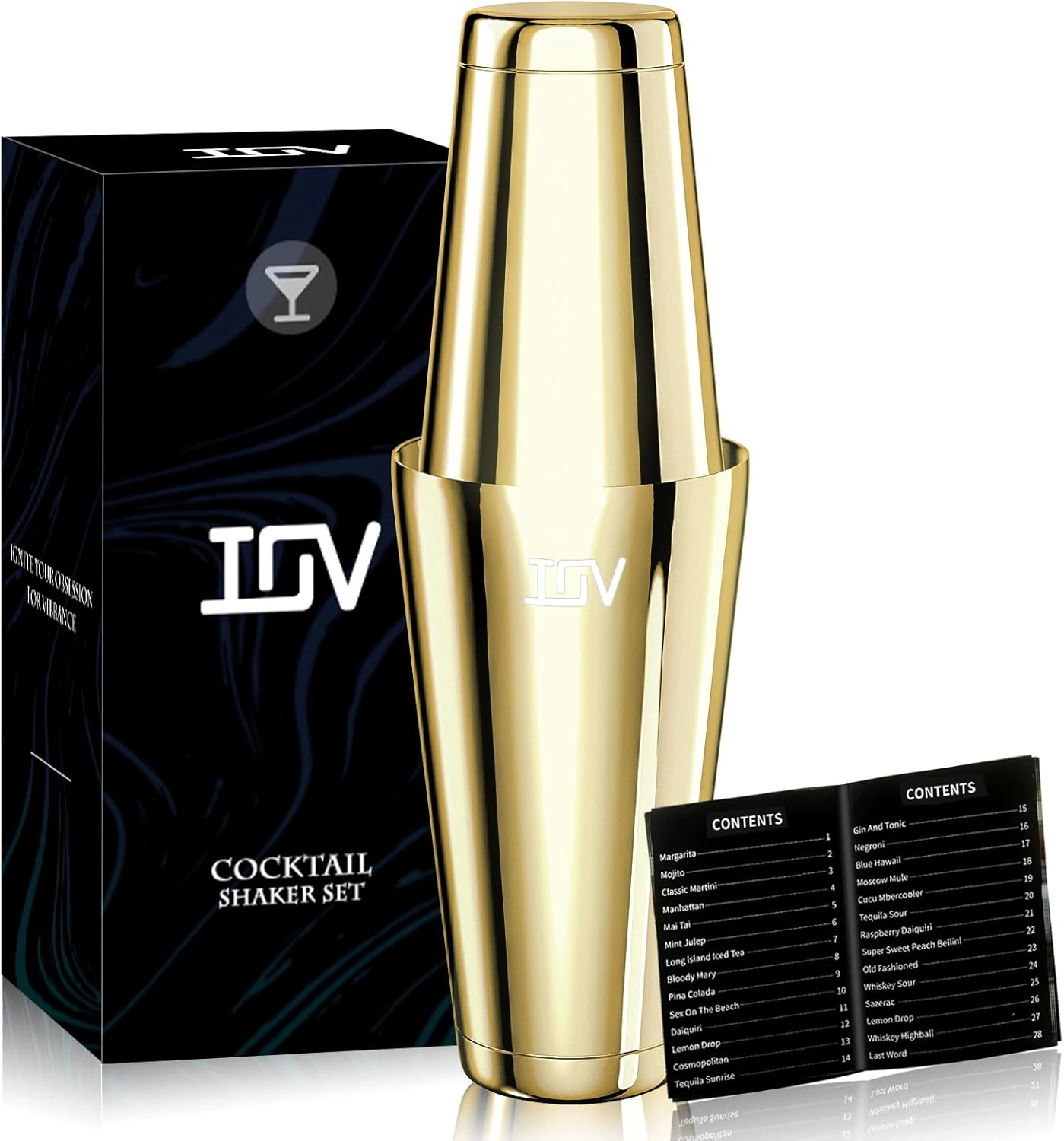 IOV Boston Cocktail Shaker Set, 18oz & 28oz Stainless Steel Weighted Shaker Tins, Metal Martini Drink Mixer for Bartending, Professional Bar Tools with Cocktail Recipe Guide, Gold