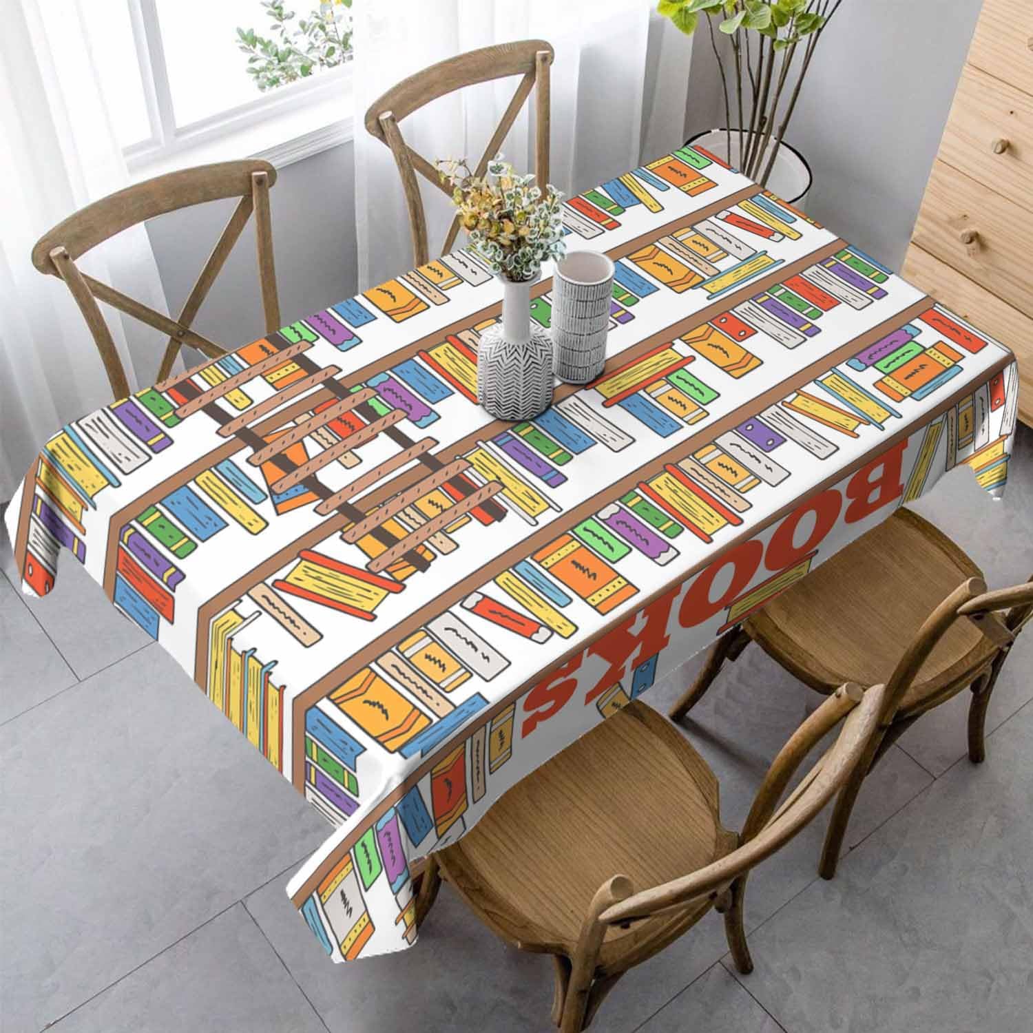 Bookshelf with So Many Books Table Cloth 60x84 Inch Library Bookshelves Books and Ladder Outdoor Tablecloth Rectangle for Party Picnic Decor Home Kitchen Dining Table Cover