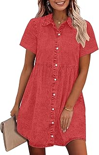 Denim Dress for Women Babydoll Tiered Short Sleeve Button Down Jean Shirt Dresses - Buy now