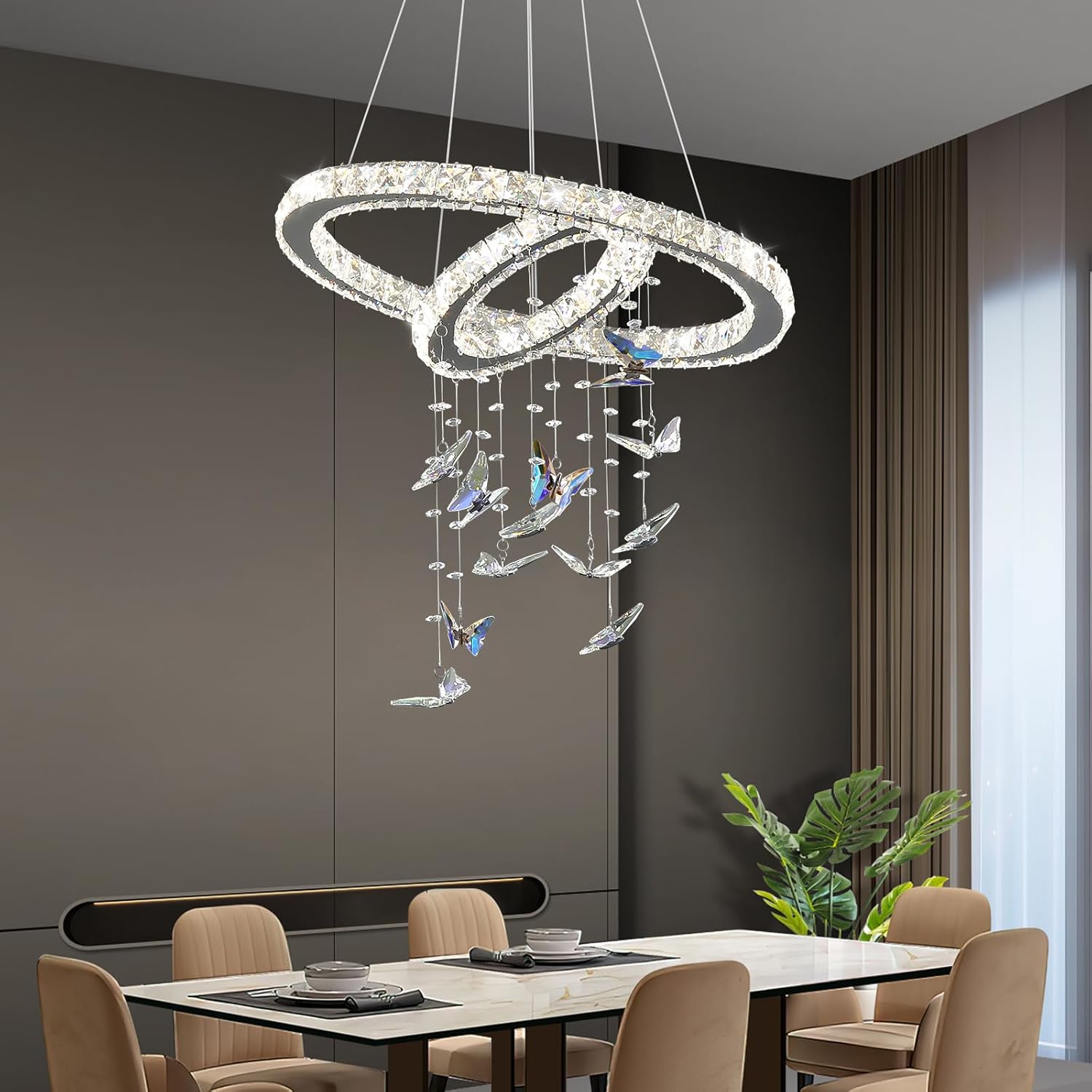 Modern LED Pendant Light,20" K9 Crystal Chandelier,3 Color Temp.,2 Ring Circular Pendant Light for Entrance,Restaurants,Kitchens,Islands, Living Rooms, Cafes,Height adjustable DIY shape,Butterfly