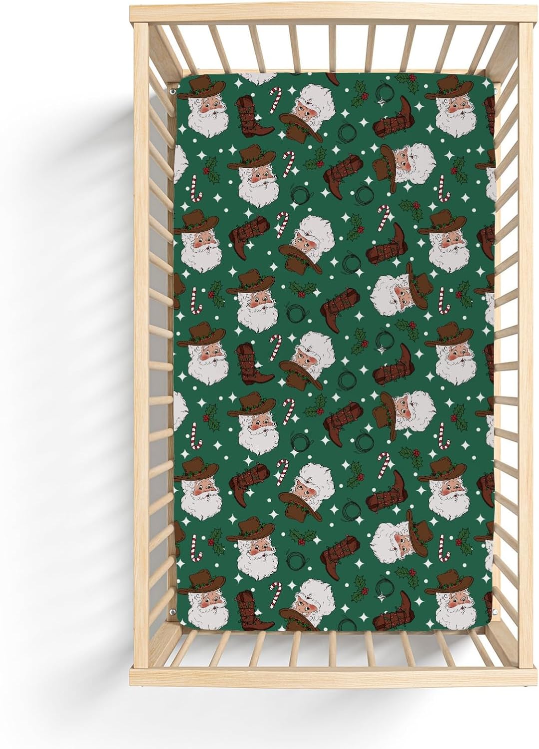 Green Cowboy Santa Christmas Baby Crib Sheets for Boy Girl 52x28Inch Western Santa Hat Boots Fir Leaves Soft Snug Fitted Crib Mattress Cover Wild West Baby Sheet for Standard Crib & Toddler Mattress
