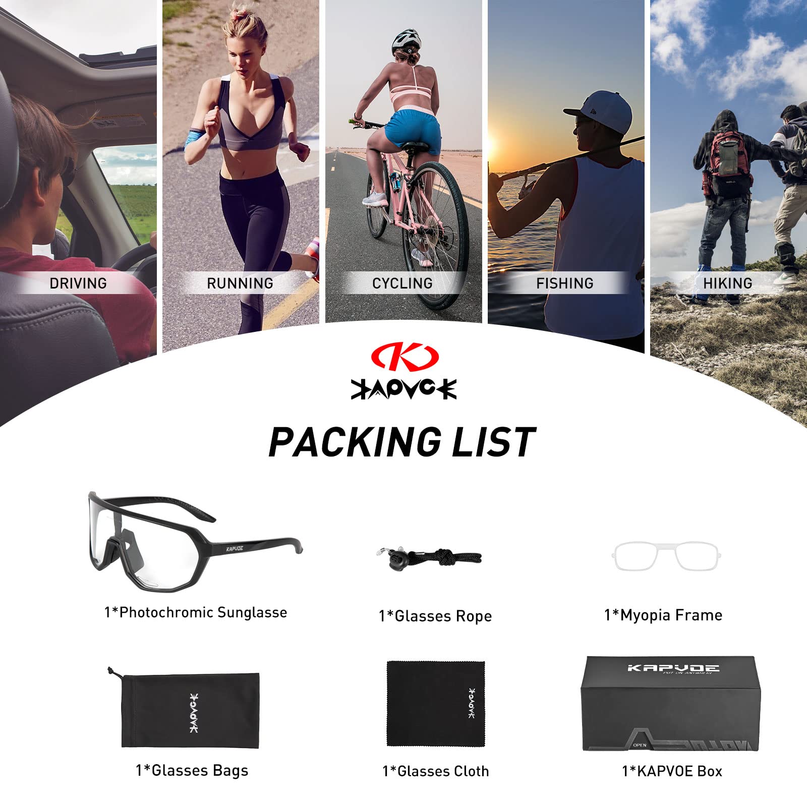 KAPVOE Gafas de Ciclismo Fotocromáticas para Hombres y Mujeres, Gafas de Sol para Bicicleta de Montaña, Gafas Deportivas, Protección UV K63