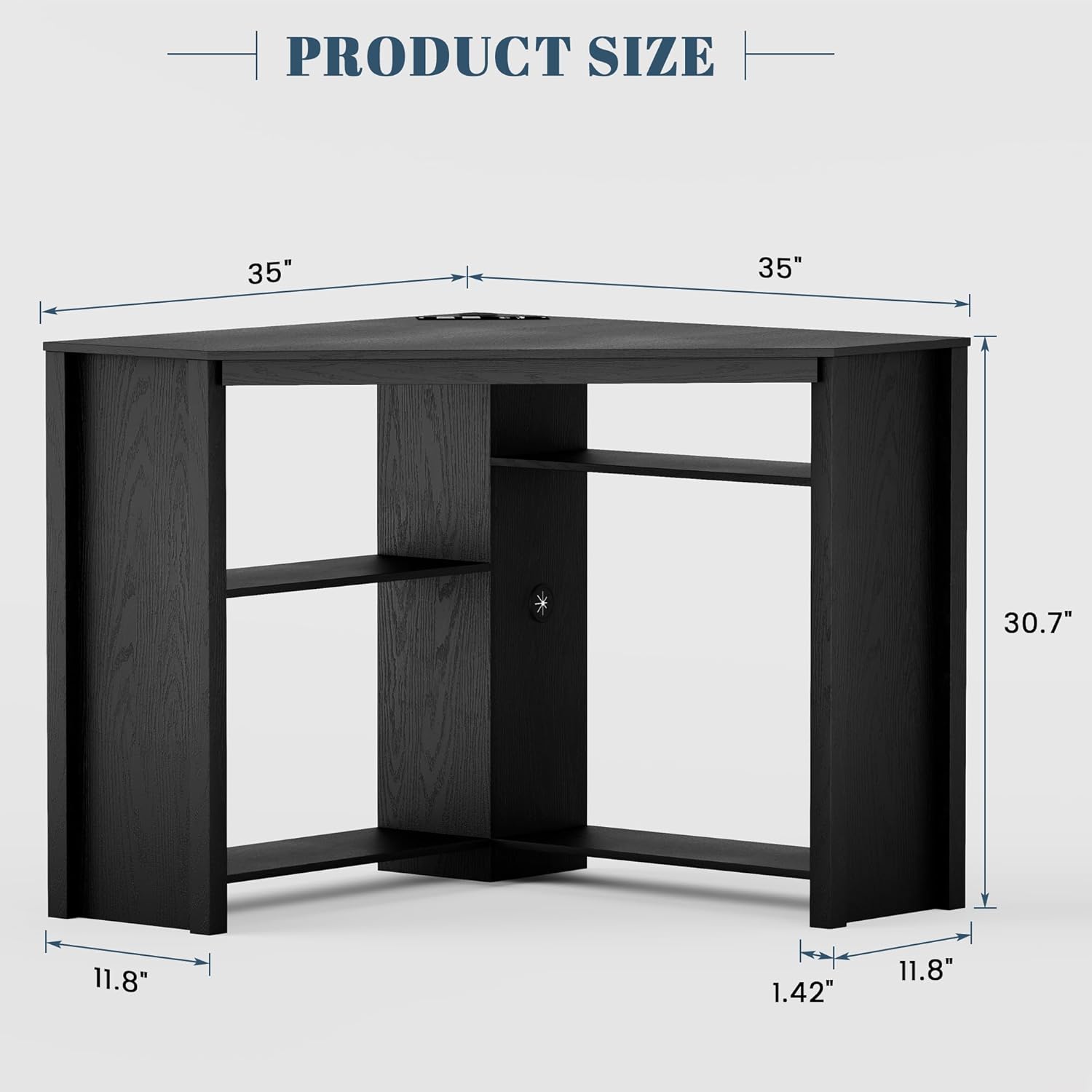 Corner Desk with Charging Station & LED Light, Triangle Corner Desk with CPU Stand & Storage Shelves, Gaming Computer Desk for Home Office -Black
