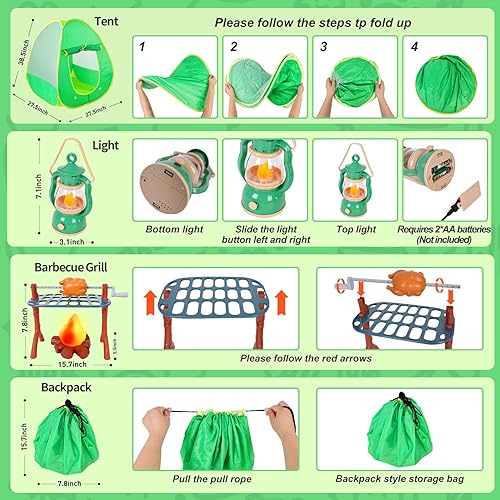 Miniatura 3 de Juego de campamento para niños con tienda de campaña de juegos, fogata, linterna, juego de campamento para interiores y exteriores con tienda de