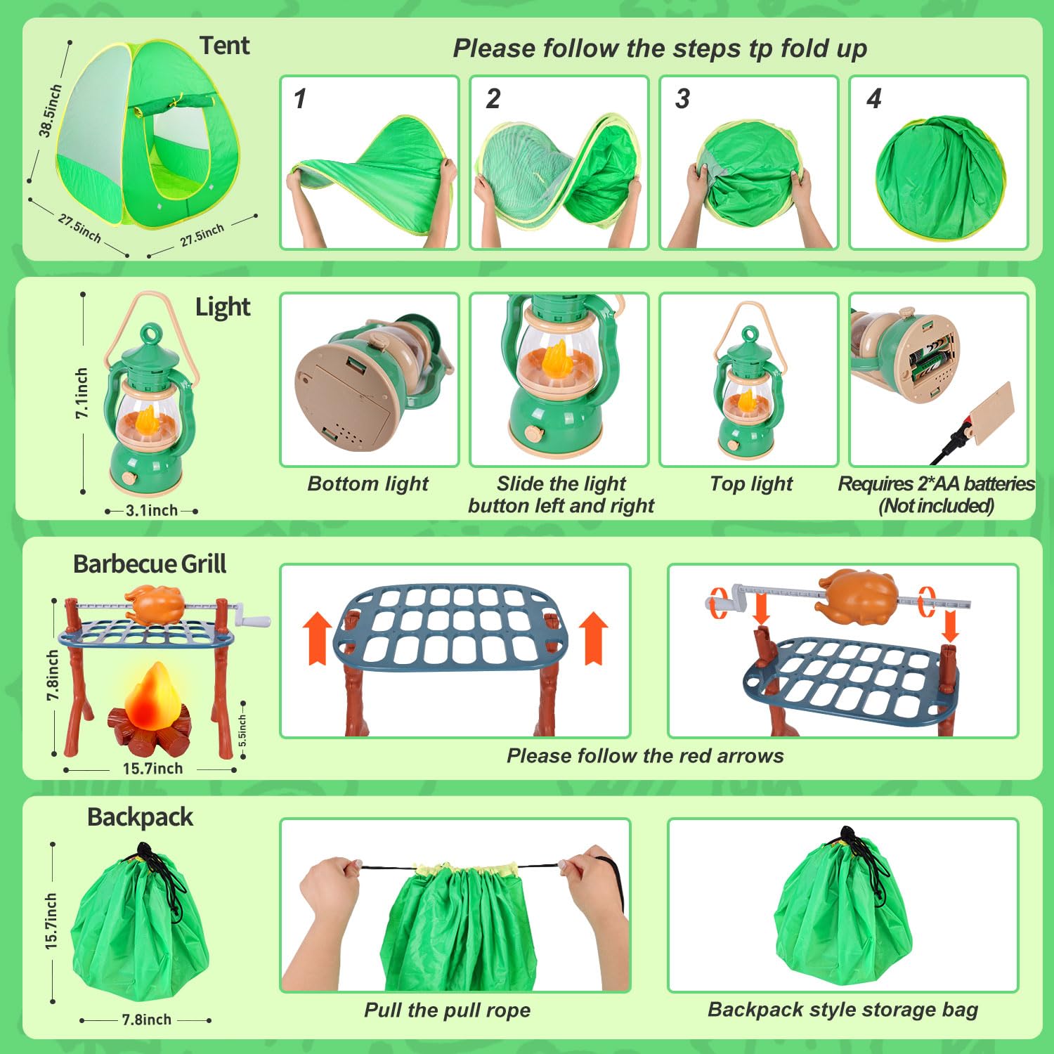 Juego de campamento para niños con tienda de campaña de juegos, fogata, linterna, juego de campamento para interiores y exteriores con tienda de campaña desplegable, juego de juguetes de 3