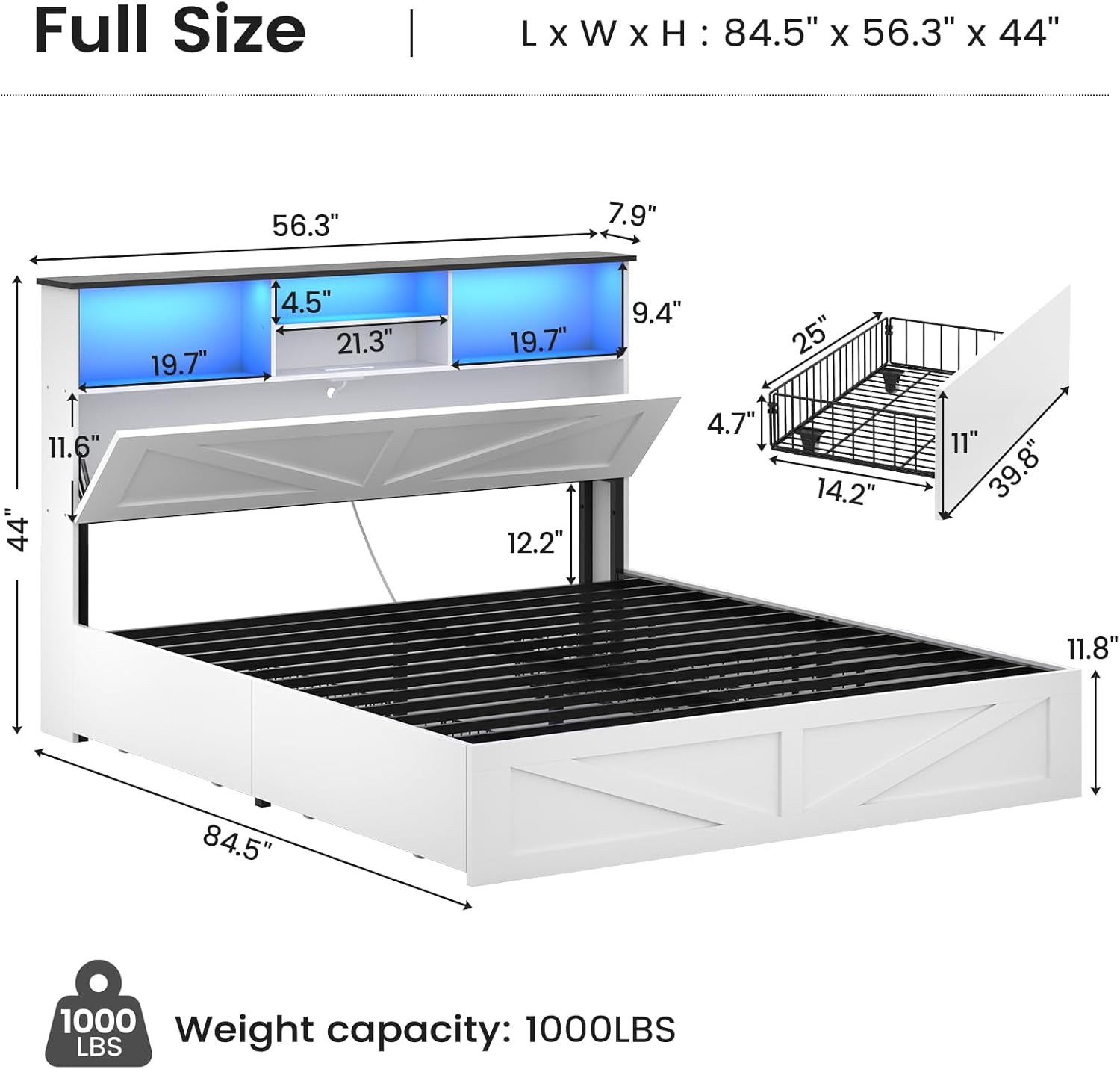 AOGLLATI Farmhouse Bed Frame Full Size with 4 Storage Drawers and Charging Station, Wooden Full Size Bed Frame with Hidden Space Bookcase Headboard and Led Lights & Metal Slats, White