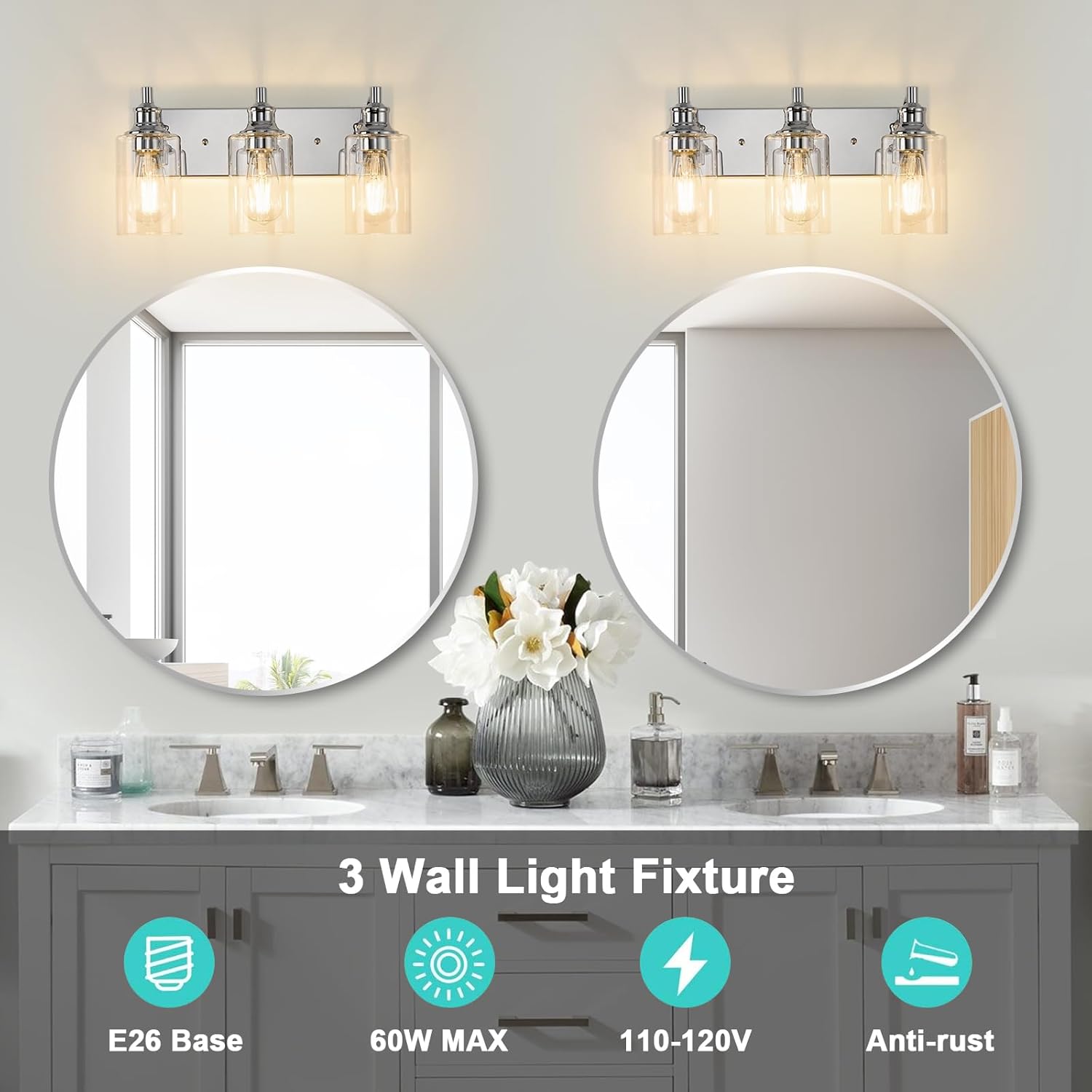 3-Light Bathroom Light Fixtures Modern Chrome Vanity Lights for Bathroom Lighting Fixtures Over Mirror for Cabinet Mirror Bedroom Hallway
