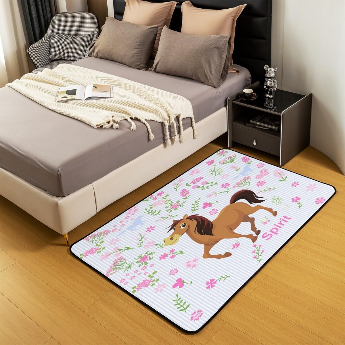 Horse Area Rug 3'x5' Cartoon Farmhorse Floral Decorative Carpet Toddler Baby Girl Pink Blue Stripe Rugs for Living Room Bedroom Spirit Horse Animal Floor Mat Entryway Rug