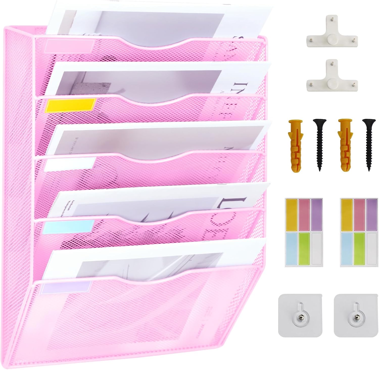 5 Pockets Mesh Wall File Holder Organizer Office Hanging File Folder Magazine Rack, Nametag Label Hooks Set Included (Pink)
