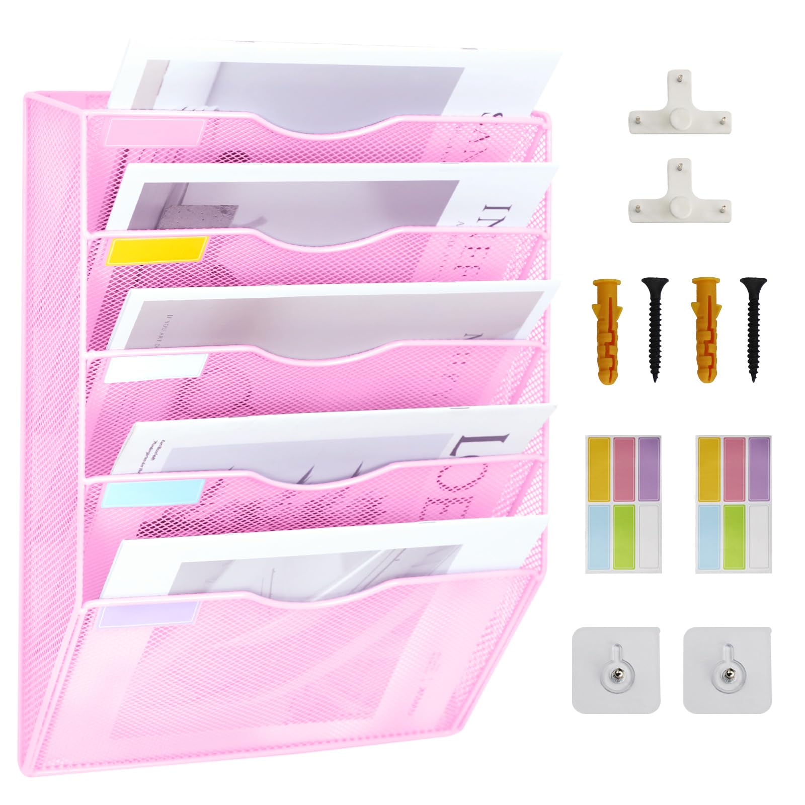 IOUGDSEC Hanging Wall Files Holder, A4 Mesh in Tray Hanging Wall File Holder Magazine Document Holder Mail Organiser Magazine Storage Rack, Storage Letter Trays Desktop File Organizer (Pink)