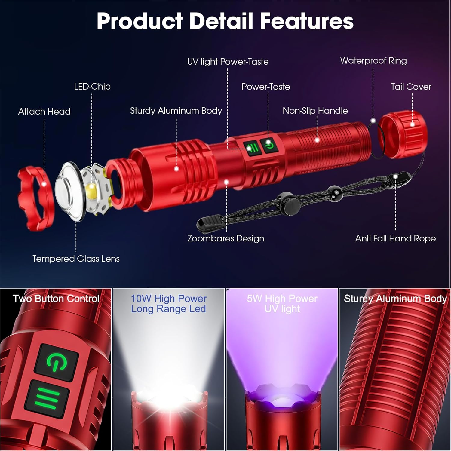 Powerful Blacklight Flashlights for Pet Urine Detection, UV Blacklight&High Lumens Flashlight Rechargeable, Zoomable Waterproof Tactical LED UV Flashlight for Resin Curing, Scorpion, Camping, Red