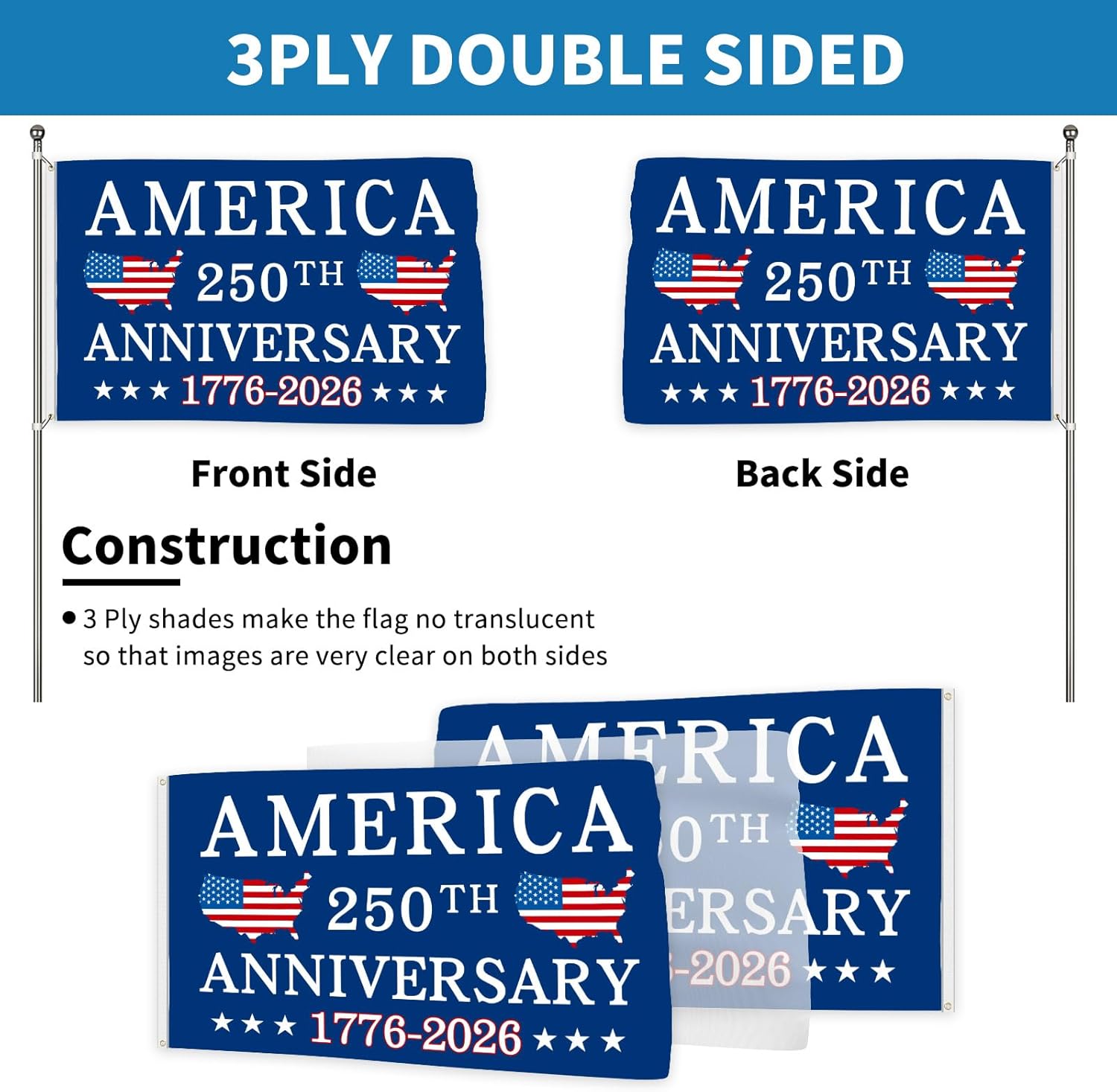 Probsin 250 Anniversary Flag 3x5 Ft Double Sided 3 Ply America 250th Anniversary 1776-2026 American Map Patriotic Signs Party Supplies Hanging Decor for Room Welcome Backdrop with Brass Grommets - Image 2