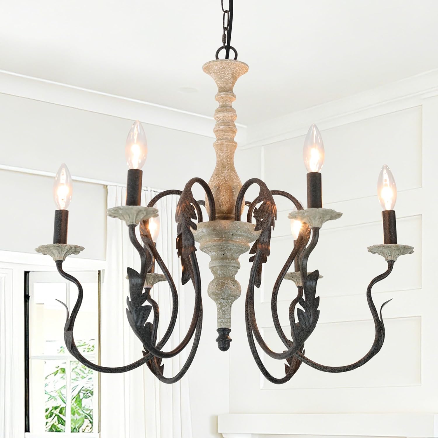 6-Light French Country Chandelier 23in Farmhouse Candle Chandelier, Retro Rustic Distressed Wood Light Fixture for Bedroom, Kitchen Island, Living Room, Dining Room, Entryway Foyer, E12