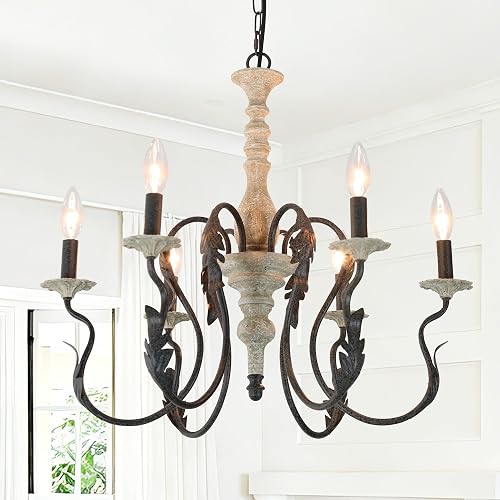 6-Light Farmhouse French Country Chandelier Distressed Wood | Candle Retro