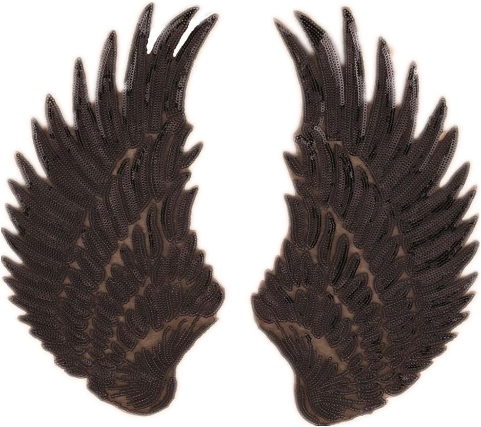 Zhiheng 1 Pair Jumbo Angel Wings Sequin Patches Iron on Sew on Appliques Embroidered Motif for DIY Clothing Accessories (Black)