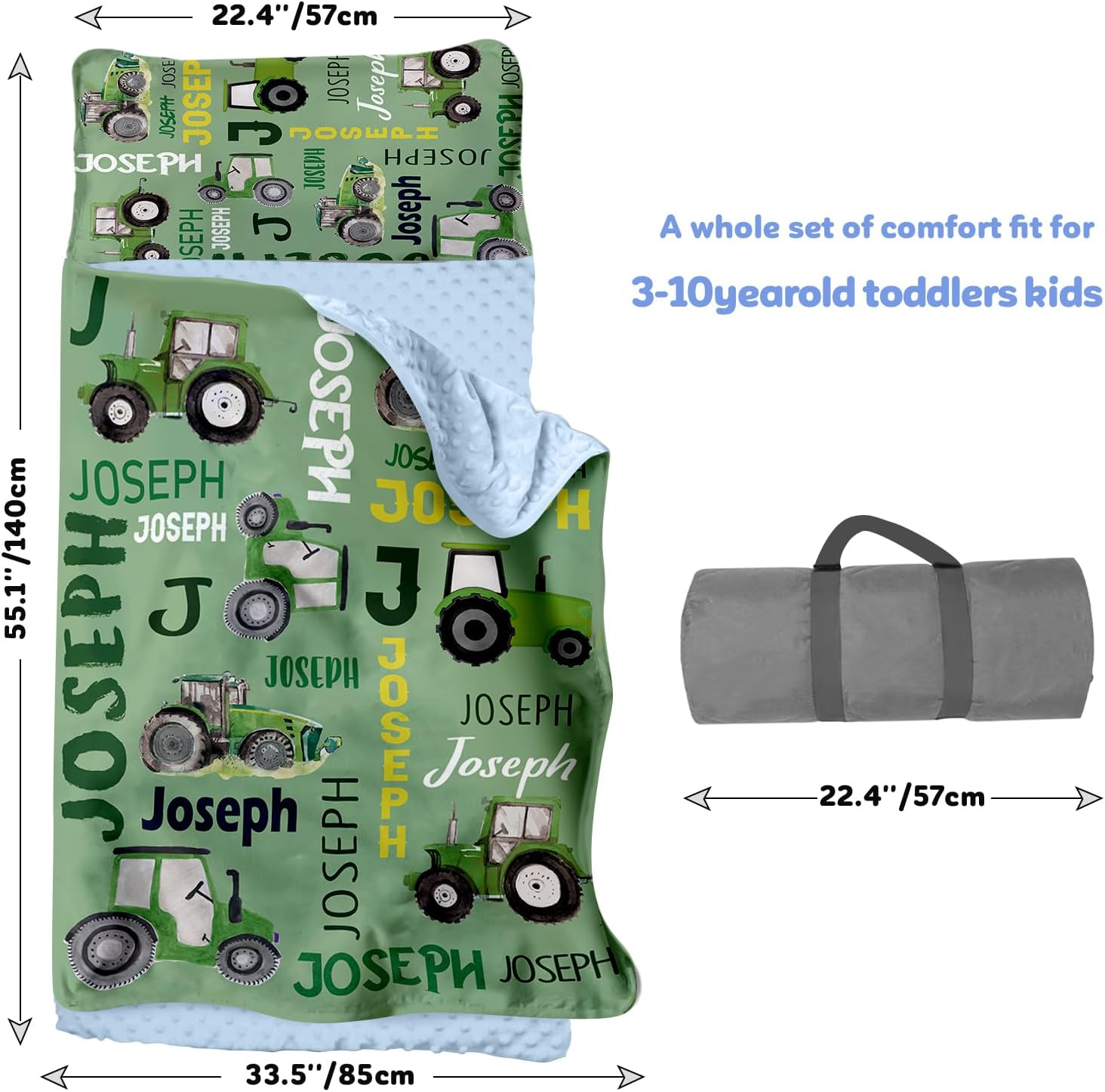 Custom Toddler Boys Sleeping Bag, Nap Mat for Daycare Preschool, Kids Sleeping Bag with Pillow and Blanket for Kindergarten, Personalized Name Easy Carry Sleeping Mat Tractors
