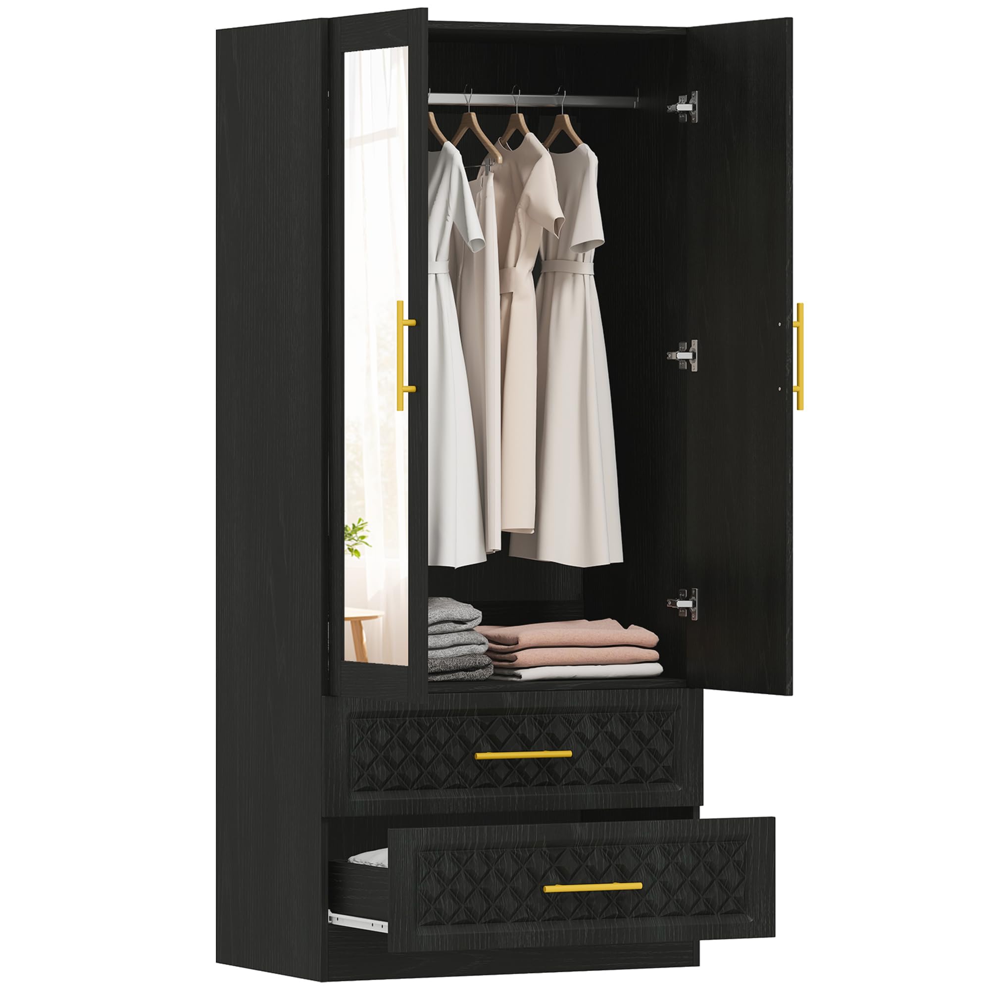 HOMCOM Armario Dormitorio 2 Puertas y 2 Cajones Espejo 80x50x180 cm Negro