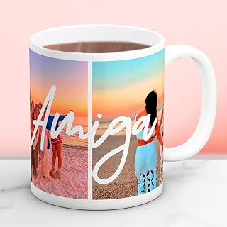 Cristal Plaque Taza Cerámica Personalizada para Amiga con 2 Fotos | Mensaje Especial “AMIGA” | Acabado Premium, Asa Ergonó...