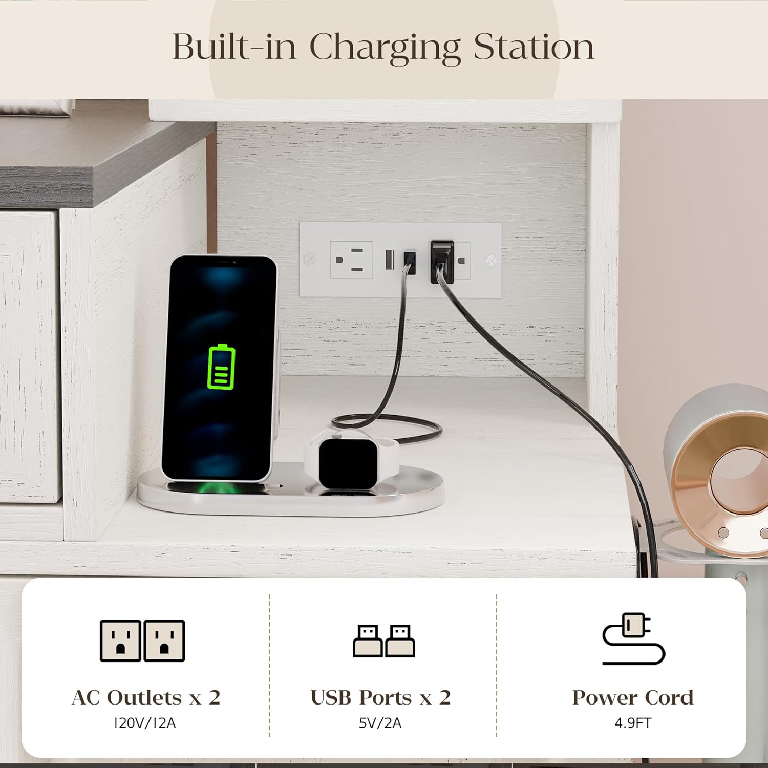 MU Makeup Vanity Desk with Mirror and Lights, White Vanity Table Set with Charging Station, Glass Top Vanity with 2 Drawers, 2 Cabinets and Multi-Shelf, 3 Lighting Modes Large Mirror