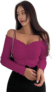 Sugathari Women's Purple Solid Colour Open Cold Off Shoulder Long Sleeve Lettuce Hem Casual Autumn Trim Tight- Slim Fittin... Price In India